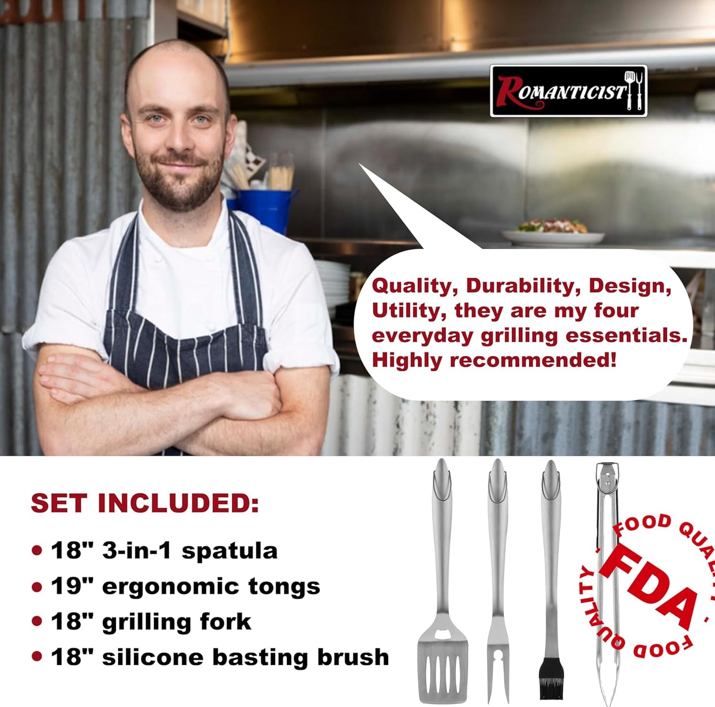 ROMANTICIST 4PCS Chef's BBQ Accessories - Professional BBQ Set