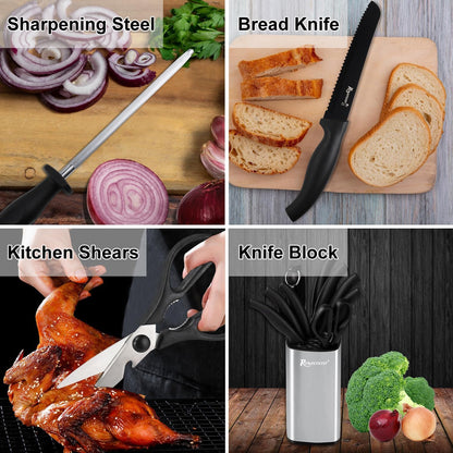 ROMANTICIST Kitchen Knife Set with Block - 8 PCS High Carbon Stainless Steel with Chef's Knife