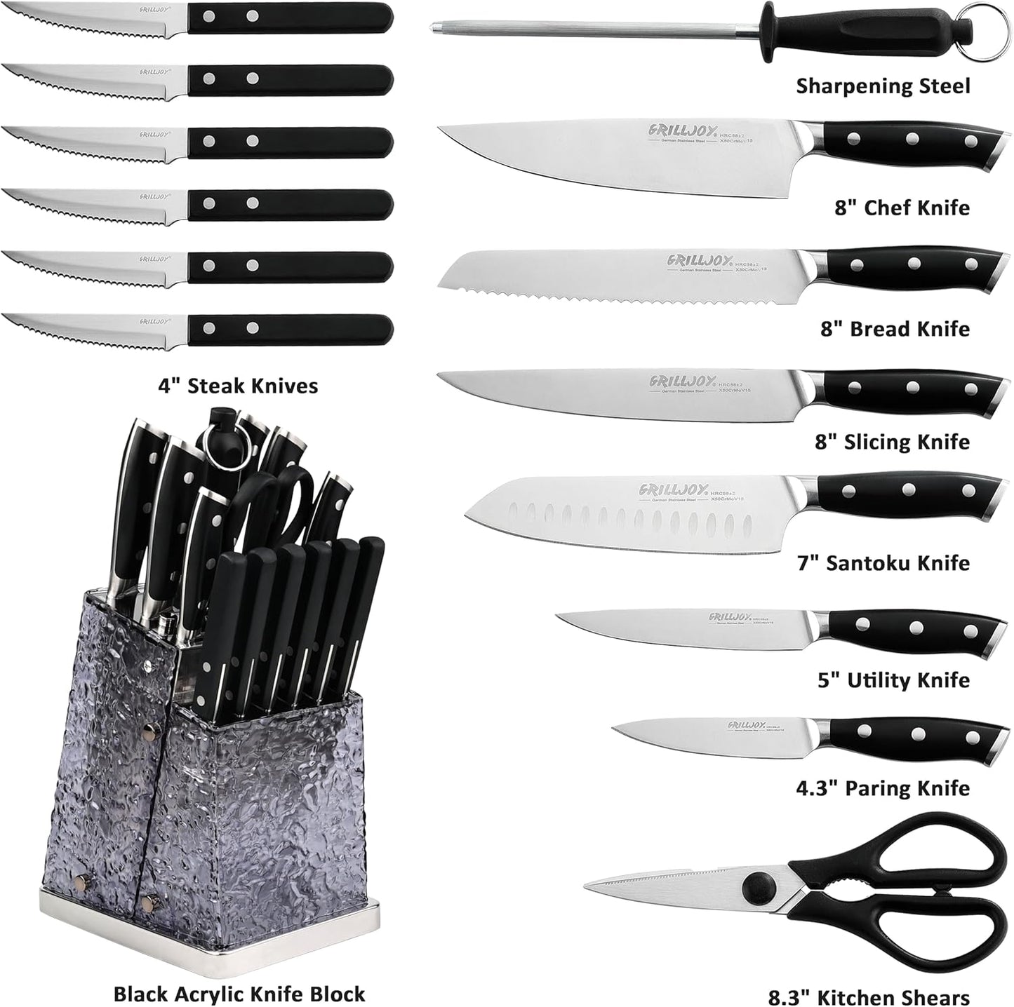 Grilljoy 15PCS Set of Kitchen Knives with Block