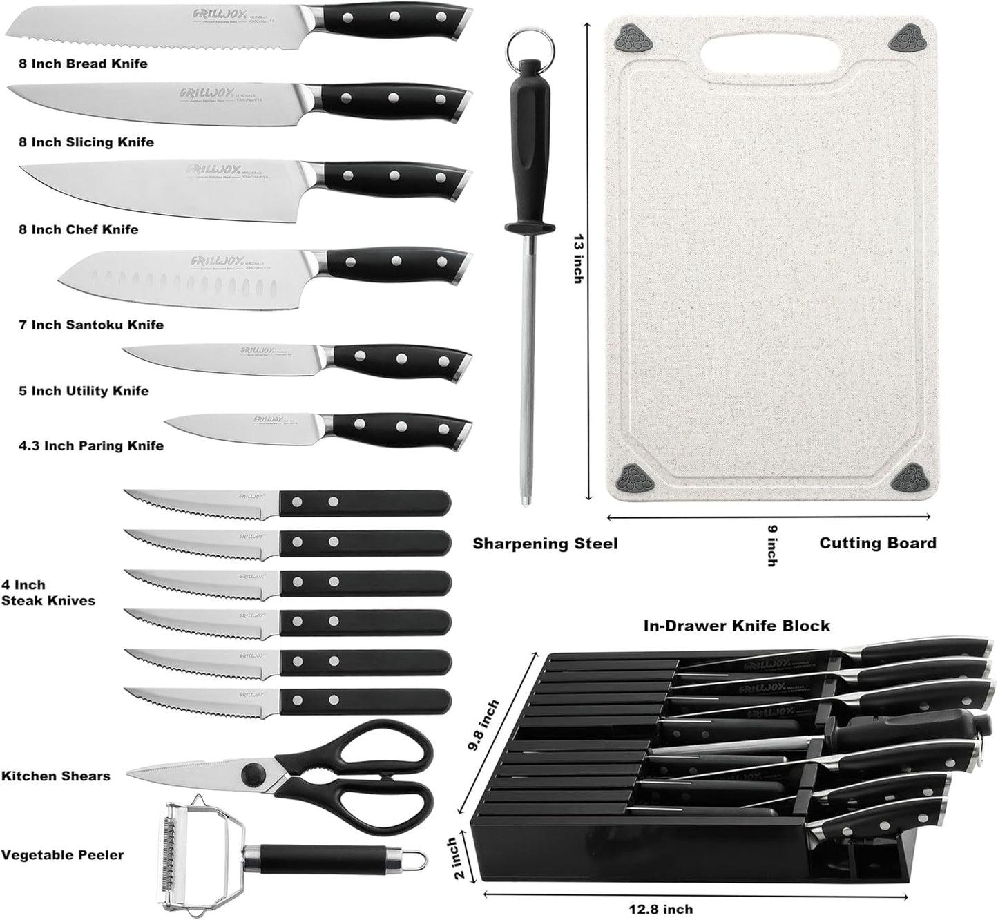Grilljoy Premium Knife Set 17PCS with Retractable Knife Block