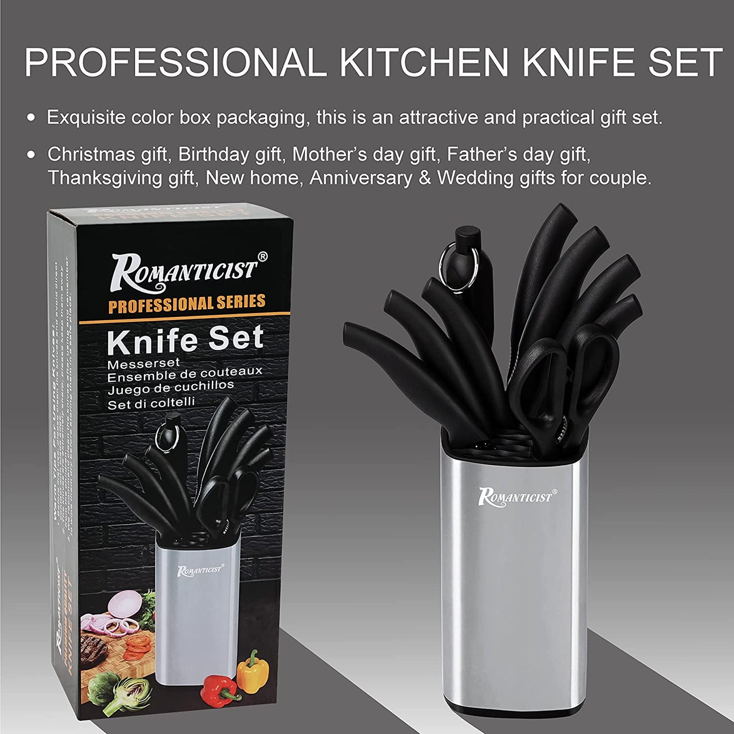 ROMANTICIST Kitchen Knife Set with Block - 8 PCS High Carbon Stainless Steel with Chef's Knife