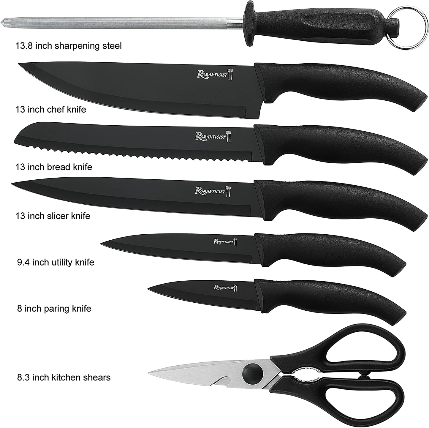 ROMANTICIST Kitchen Knife Set with Block - 8 PCS High Carbon Stainless Steel with Chef's Knife