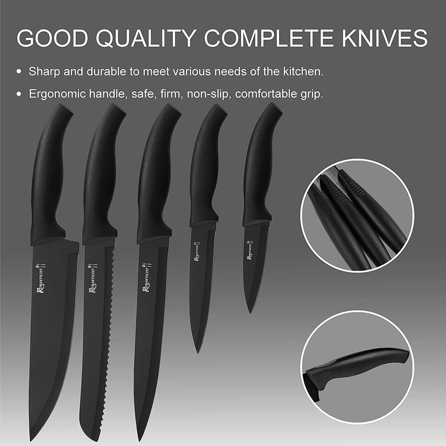 ROMANTICIST Kitchen Knife Set with Block - 8 PCS High Carbon Stainless Steel with Chef's Knife