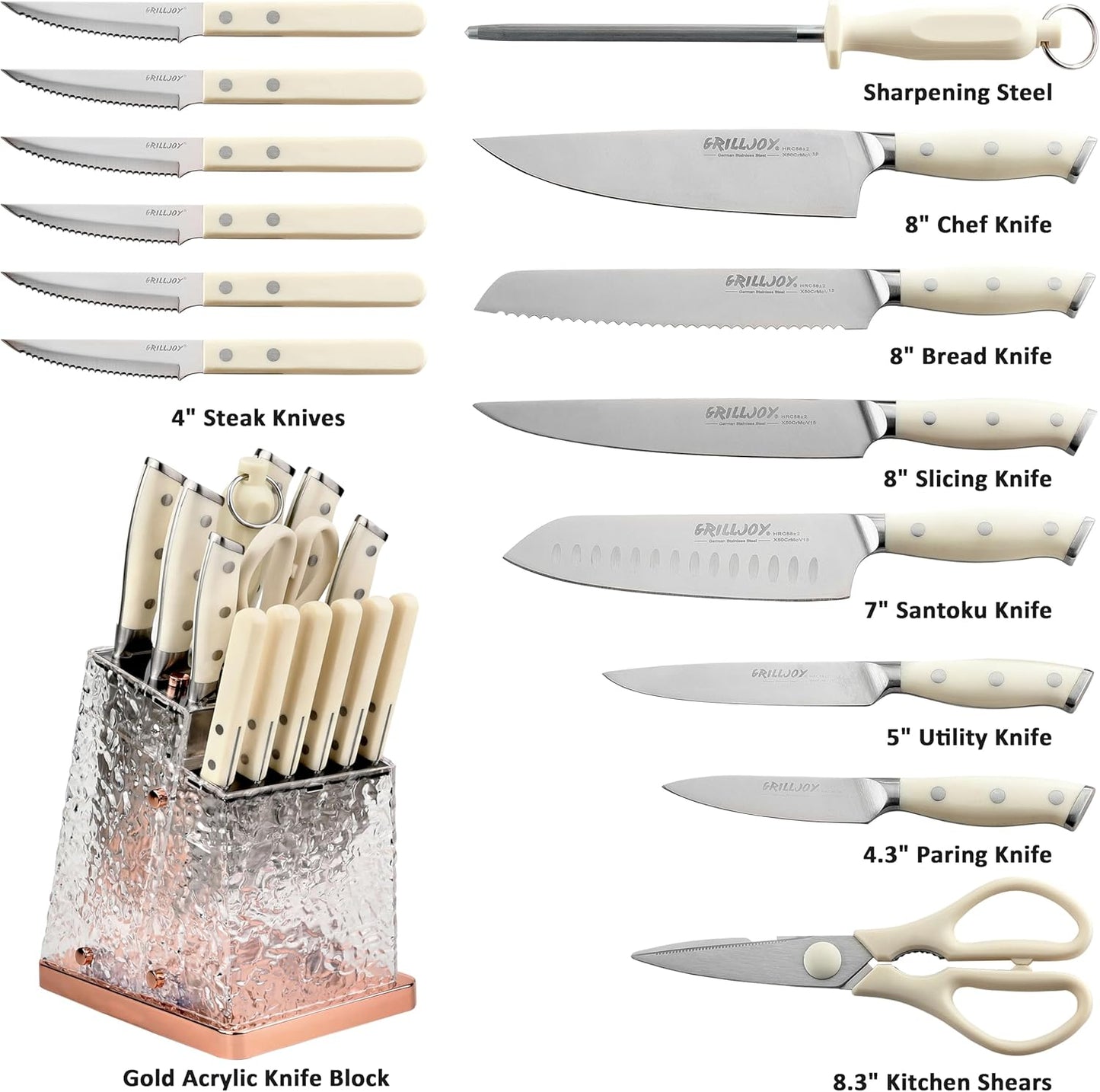 Grilljoy 15PCS Kitchen Knife Set with Block