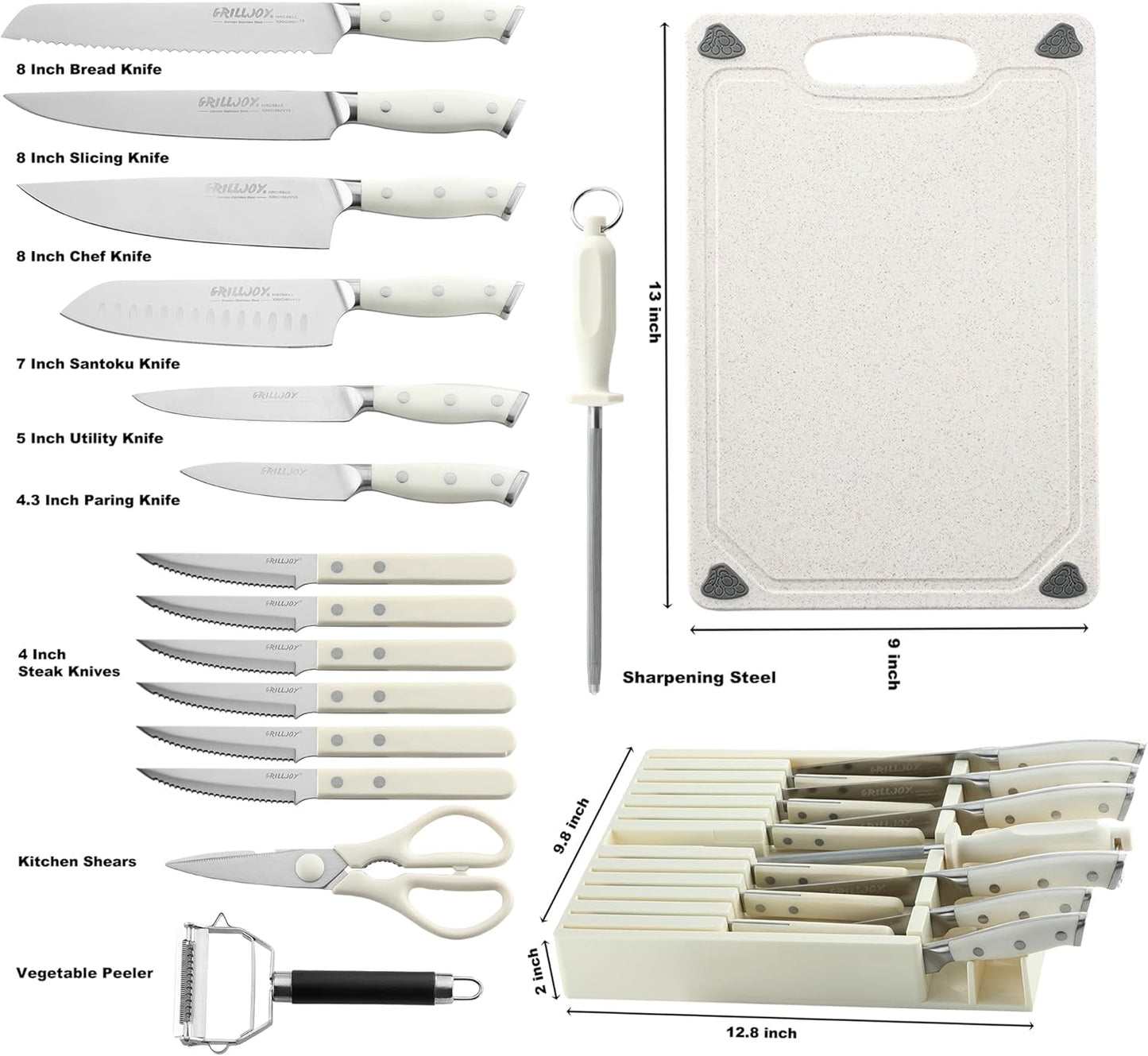 Grilljoy Premium Knife Set 17PCS with Retractable Knife Block