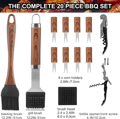 grilljoy 20PCS Heavy Duty BBQ Grill Tool Set Brown
