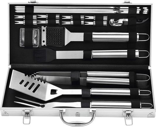 grilljoy 20PCS Heavy Duty Barbecue Grill Tool Set Silver