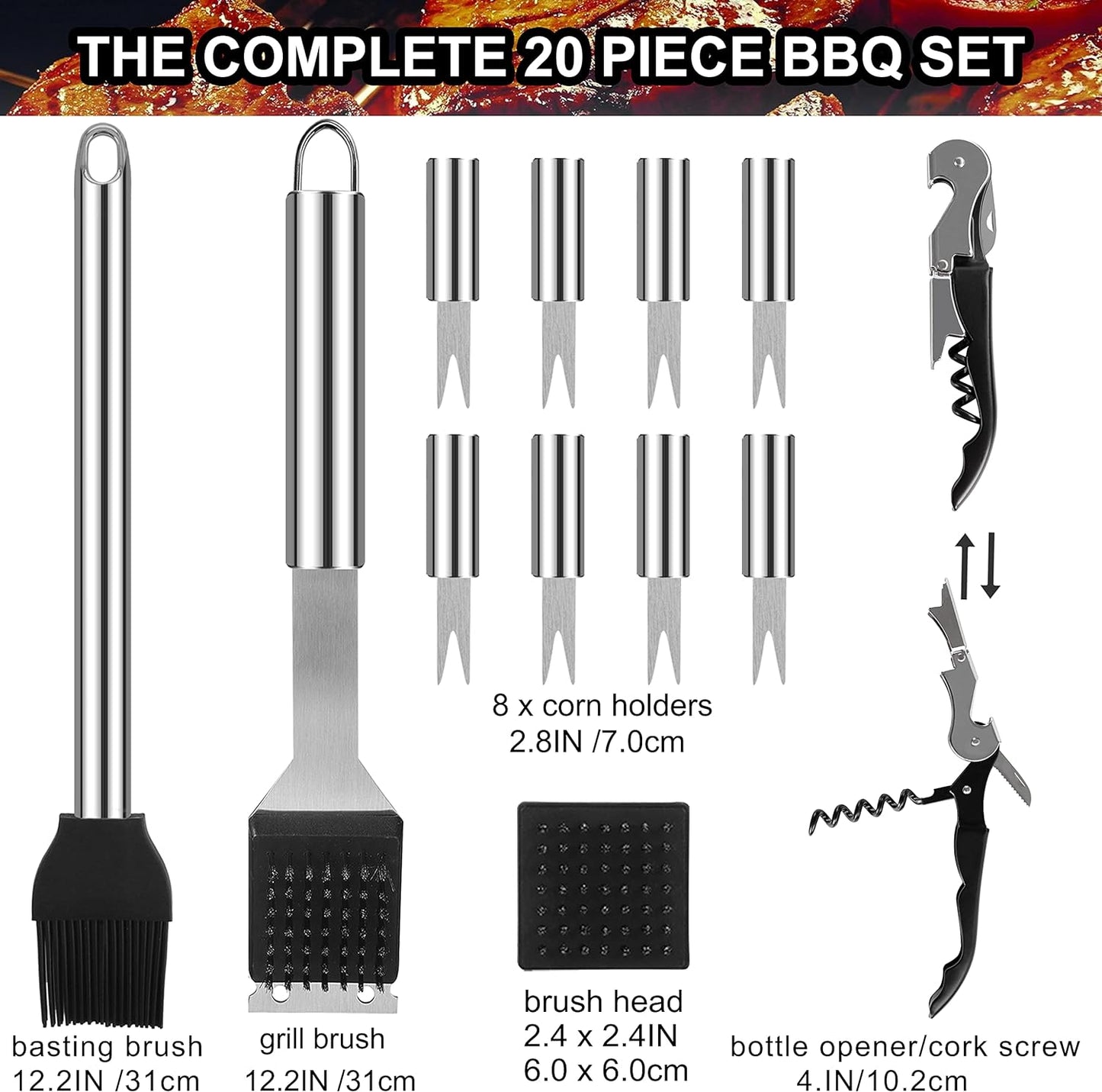 grilljoy 20PCS Heavy Duty Barbecue Grill Tool Set Silver