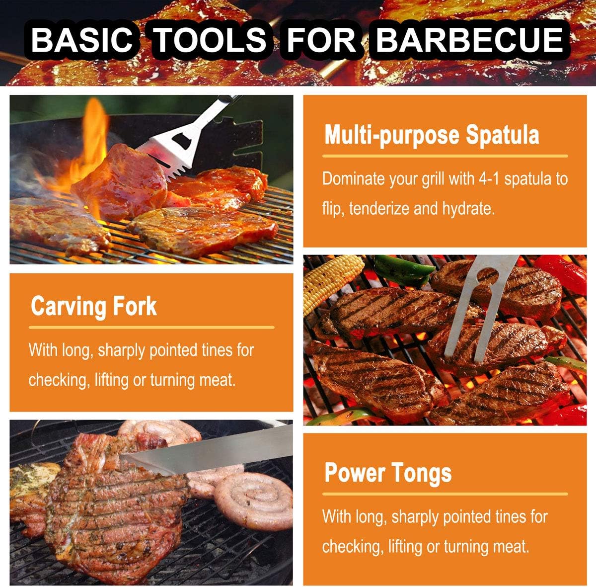 grilljoy 20PCS Heavy Duty Barbecue Grill Tool Set Silver