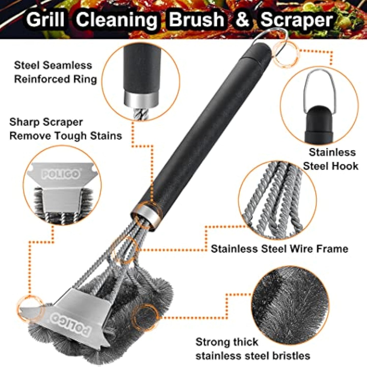 POLIGO Grill Brush and Scraper with Luxury Handle