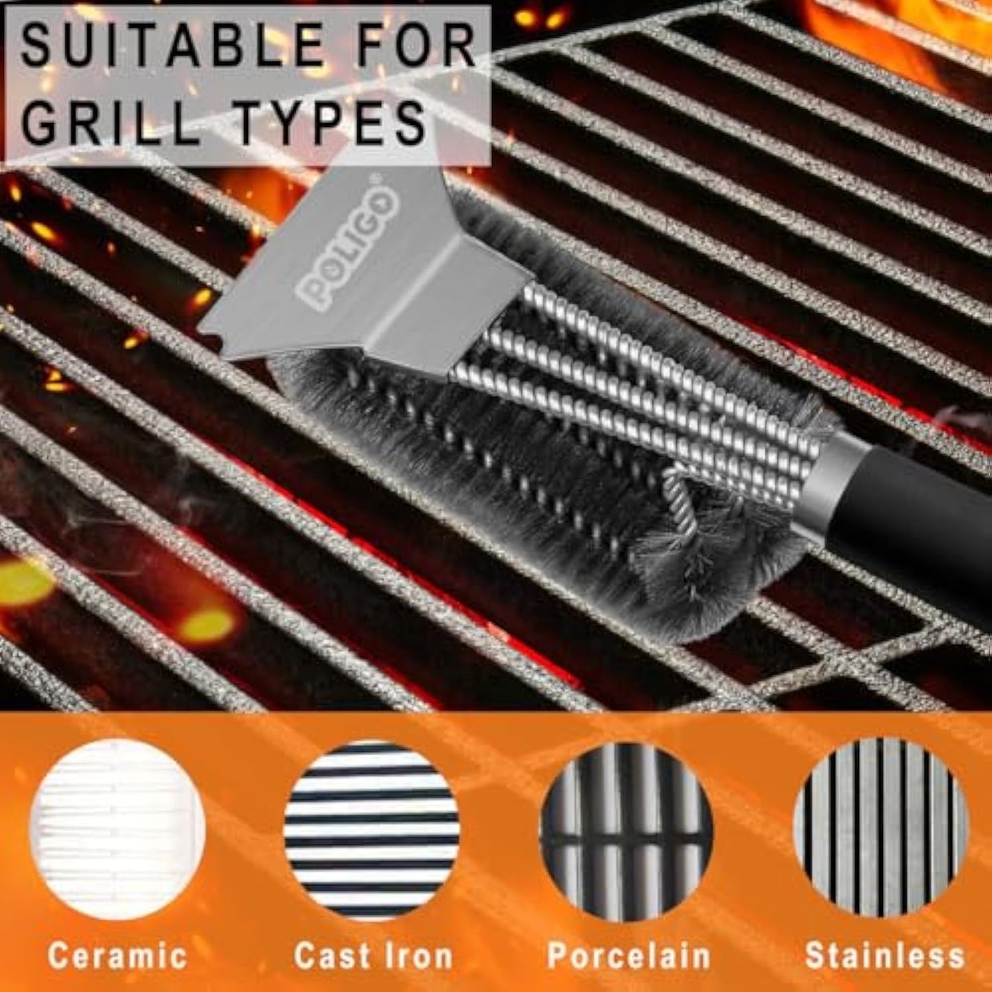 POLIGO Grill Brush and Scraper with Luxury Handle